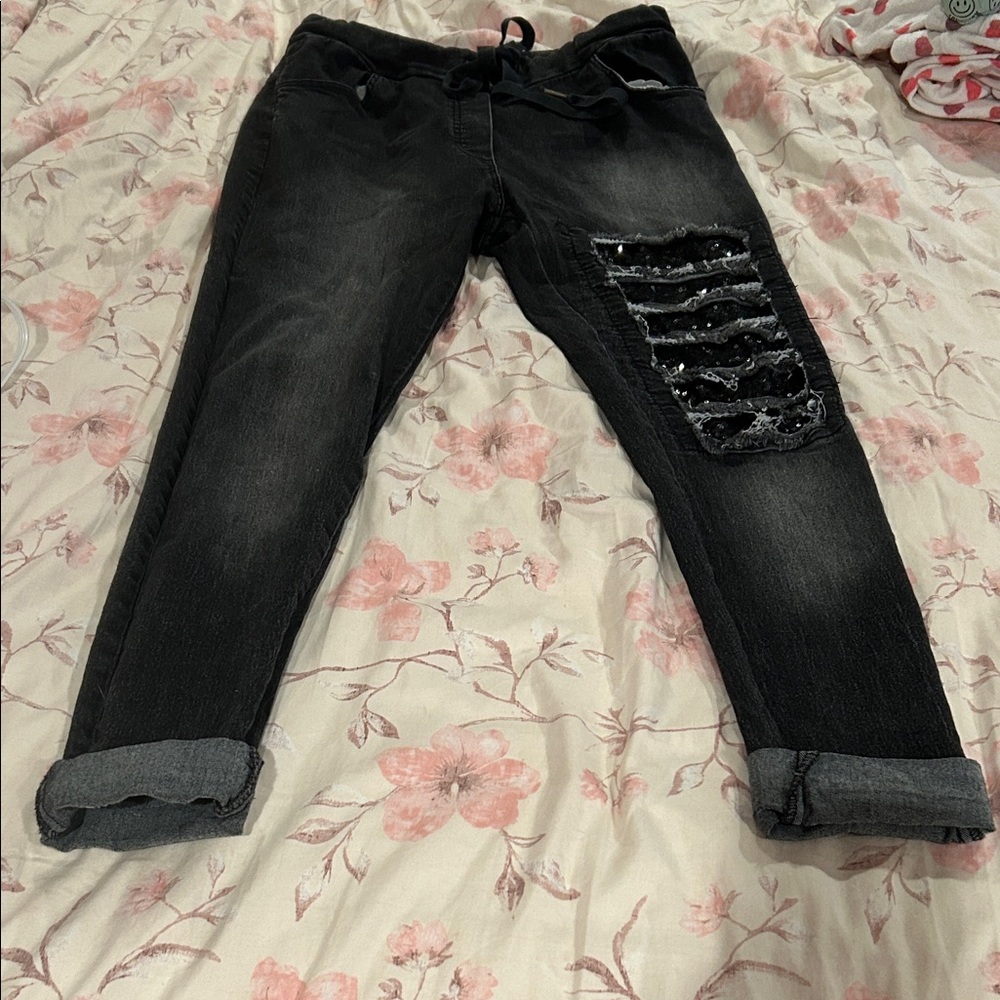 Venti6 Excellent Condition Black Sequin-Embellished Joggers Stretchy size M